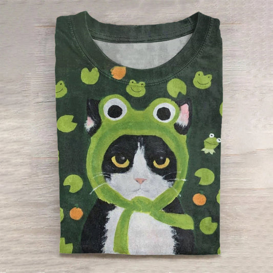 Abstract Creative Cute Cool Cat With Frog Hood Art Print Cotton Graphic T-shirt elevenforest