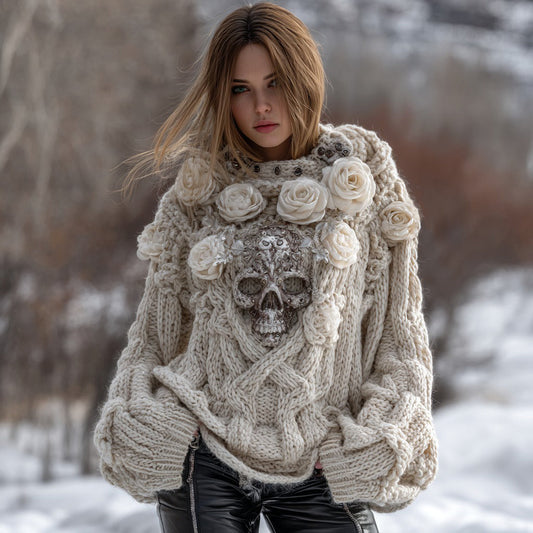 Vintage Viking Celtic White Rose Skull Cozy Knit Turtleneck Sweater elevenforest
