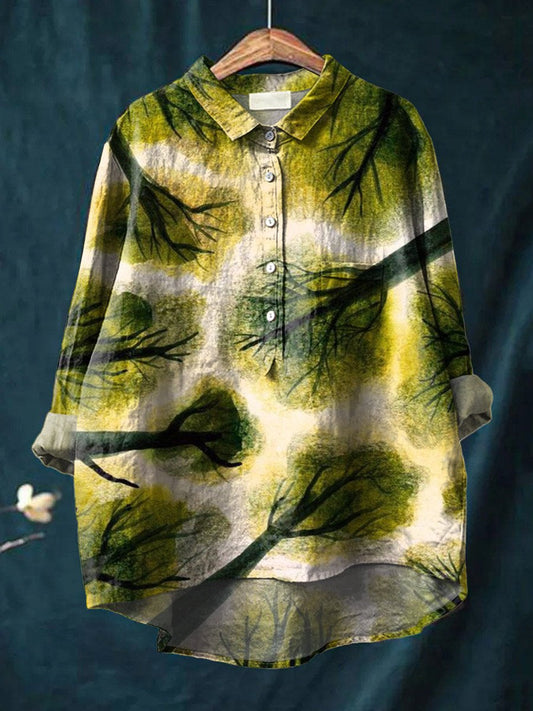 Vintage Floral Art Print Casual Cotton And Linen Shirt