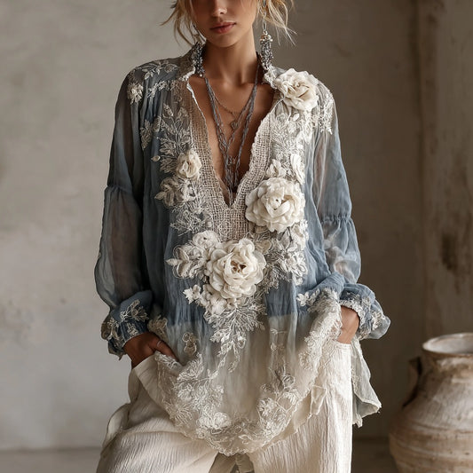 Comstylish Women's Vintage White Rose Embroidery Casual Shirt