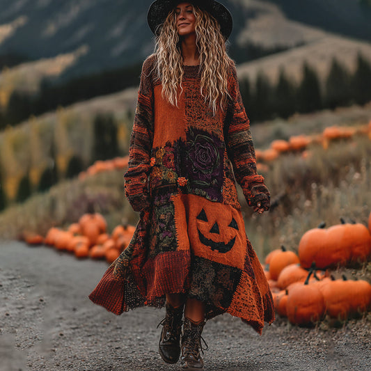 Vintage Halloween Pumpkin Face With Floral Patchwork Art Linen Cozy Knit Sweater Maxi Dress elevenforest