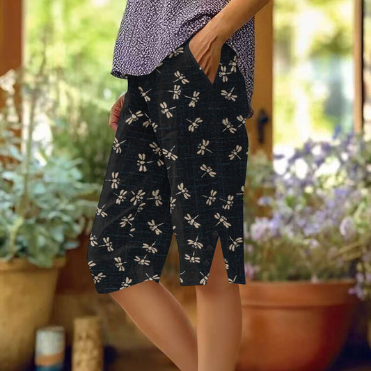 Retro Bohemian Style Dragonfly Pattern Art Graphics Button Slit Design Cozy Linen Shorts artswardrobe