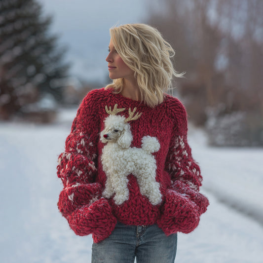 Comstylish Poodle Puppy Disguised As Reindeer Christmas Chunky Knit Sweater