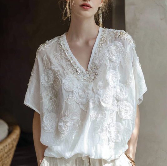 Bohemian Style Woman's V-neck White Rose Short-sleeved Shirt artswardrobe