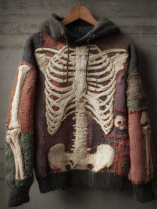 Halloween Skeleton Colorblock Anatomy Cozy Knit Hooded Sweater elevenforest