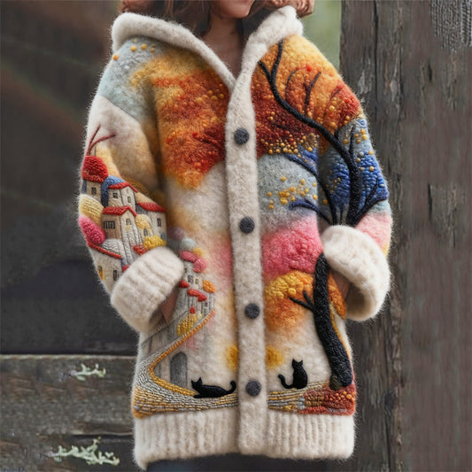 Black Cats Colorful Landscape Felt Art Cozy Hooded Cardigan elevenforest