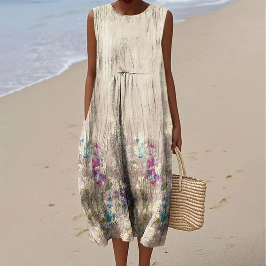 Women's Vintage Floral Art Print Sleeveless Midi Dress artswardrobe