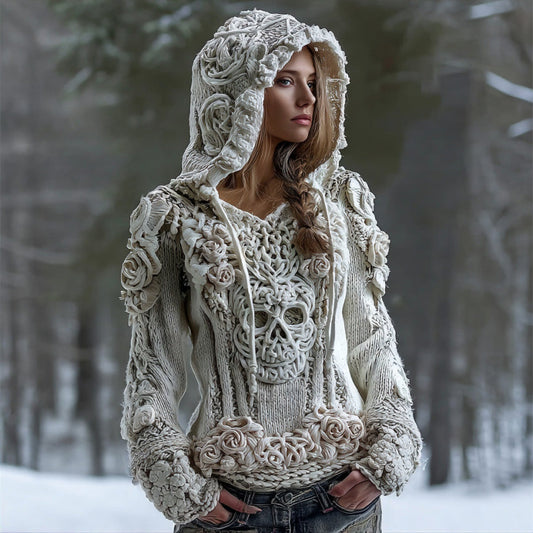 Women's Skull Flower Celtic Knot Knit Hooded Sweater elevenforest