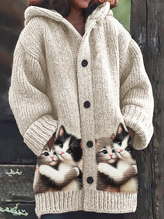 Lovely Cats Embrace Crochet Cozy Knit Hooded Cardigan elevenforest