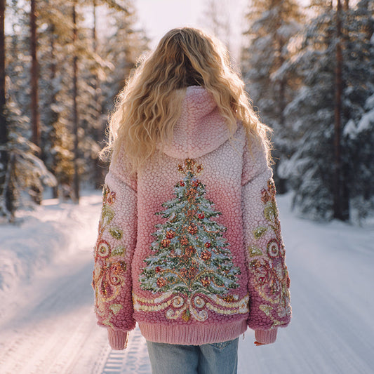 Rhinestone Christmas Tree Ombre Plush Hoodie artswardrobe