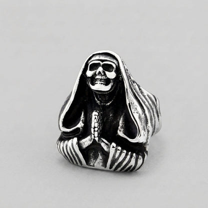 Hooded Grim Reaper Ring with Praying Skeleton Hands
