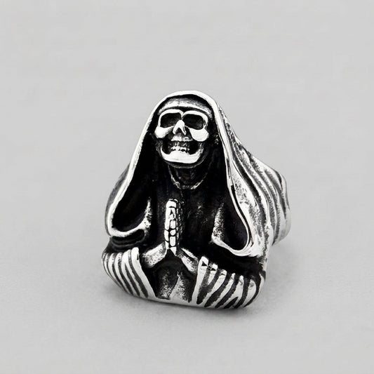 Hooded Grim Reaper Ring with Praying Skeleton Hands