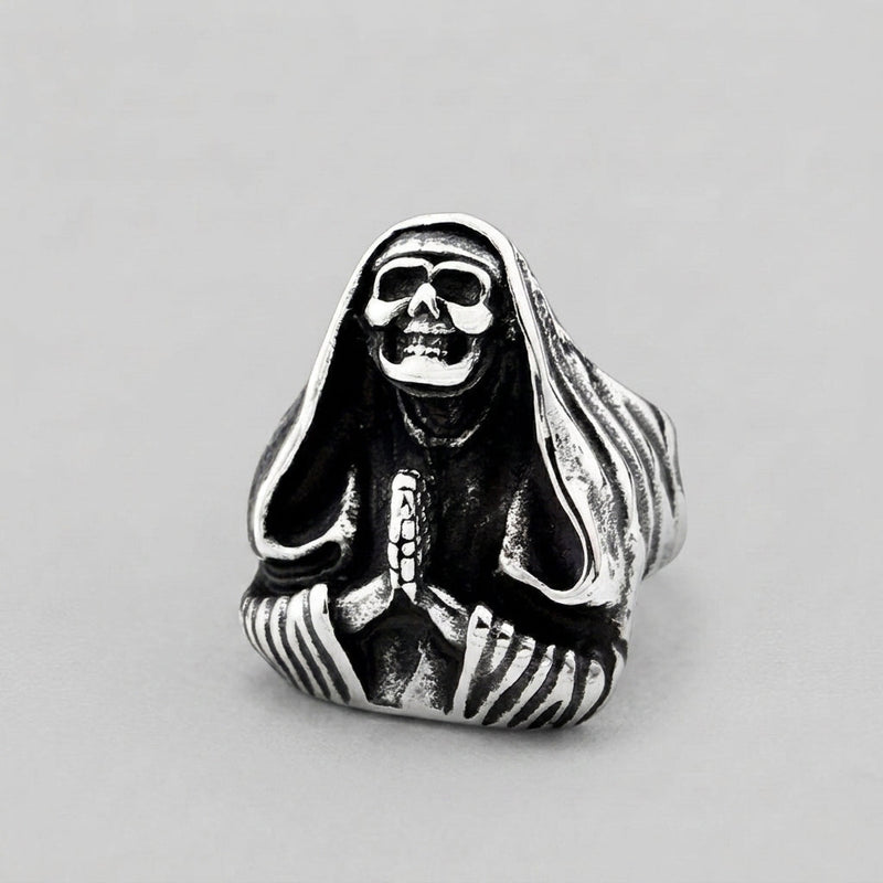Hooded Grim Reaper Ring with Praying Skeleton Hands