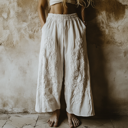 Women's Floral Embroidery Art Casual Wide Leg Pants artswardrobe