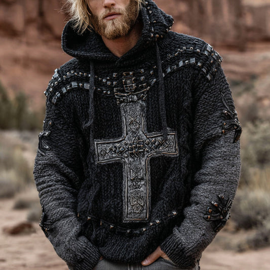 Men's Dark Style Gothic Cross Design Knit Hooded Sweater artswardrobe