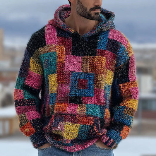 Men's Retro Geometric Knit Warm Hooded Sweater elevenforest