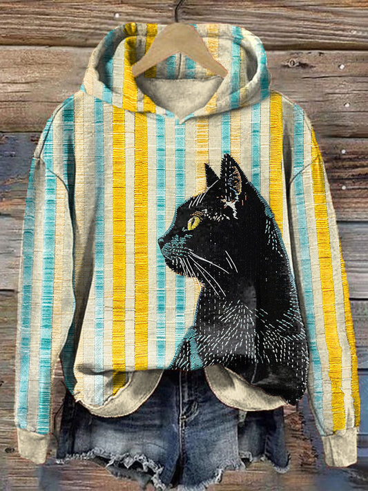 Black Cat Embroidery Pattern Striped Cozy Hoodie elevenforest