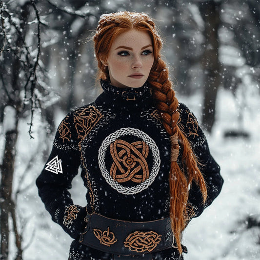 Women's Viking Tribal Jacquard Celtic Style Knitted Turtleneck Sweater elevenforest