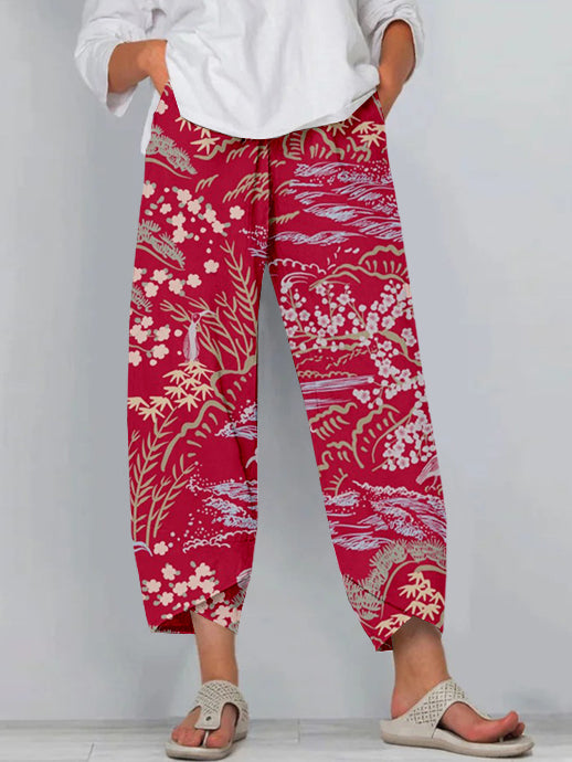 Comstylish Vintage Japanese Pattern Cropped Casual Pants