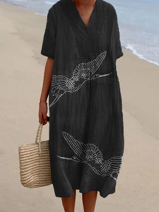 Comstylish Cranes Japanese Sashiko Embroidered Linen Blend Dress