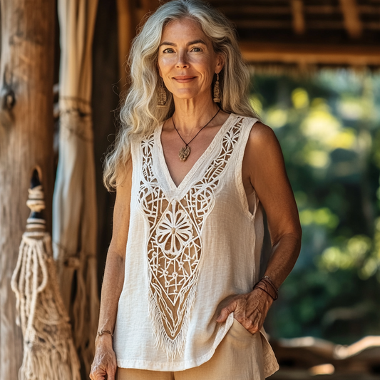 Vintage Bohemian Cotton And Linen V-neck Top artswardrobe