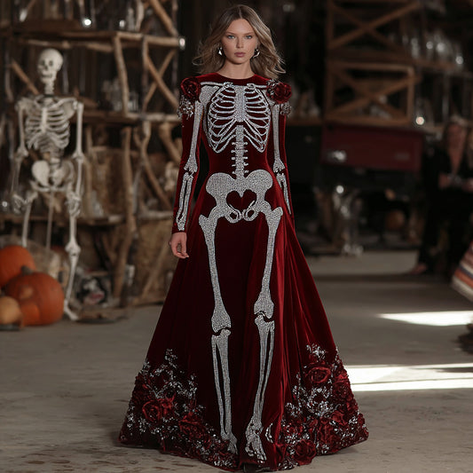 Comstylish Women's Halloween Skull Floral Velvet Crew Neck Maxi Dress
