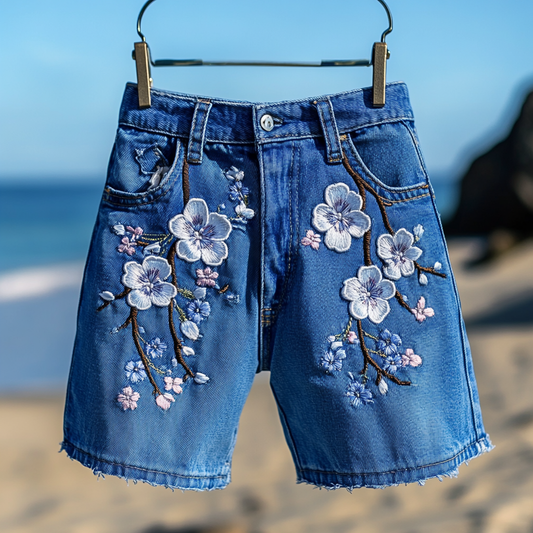 Comstylish Women's Vintage Japanese Sakura Art Casual Denim Shorts