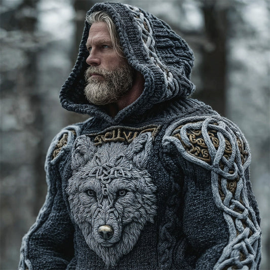 Viking Wolf Totem Men's Chunky Knit Hooded Sweater elevenforest