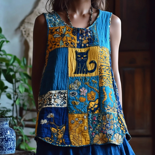 Women's Pop Art Cat Floral Patchwork Linen Top elevenforest