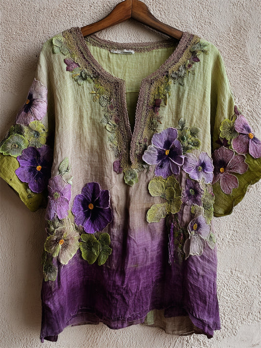 Pansy Floral Embroidered Forest Gradient Flowy Linen Shirt artswardrobe