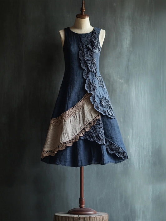 Vintage Elegant Lace Patchwork Linen Tank Dress artswardrobe