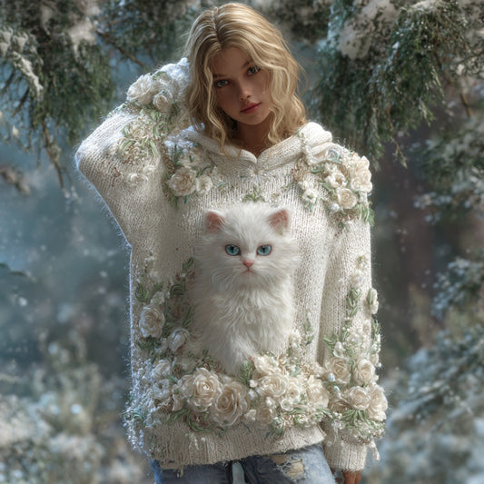 Comstylish Cute Cat Rose Knitted Jacquard Hooded Sweater
