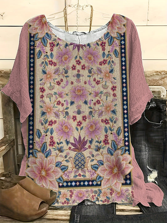 Comstylish Vintage Floral Art Print Casual Linen Blend Shirt