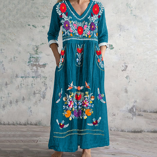 Women's Floral And Bird Art Pattern V-neck Cotton And Linen Dress artswardrobe
