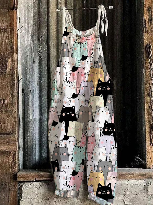 Comstylish Cartoon Cat Print Loose Casual Jumpsuit