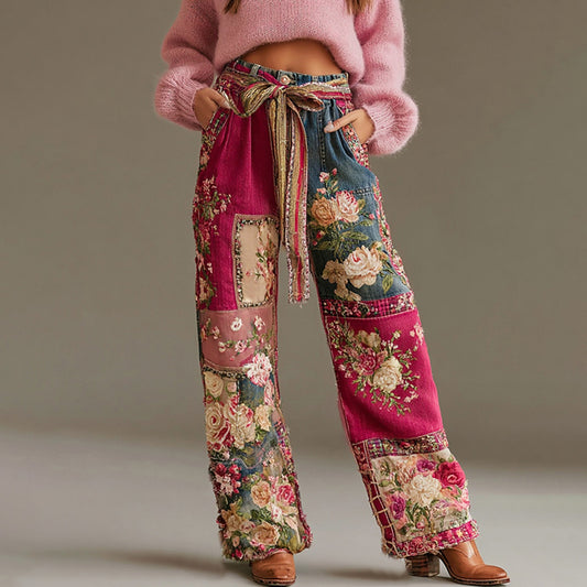 Comstylish Women's Bohemian Floral Embroidery Art Casual Jeans