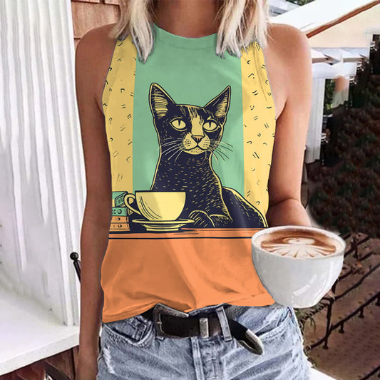 Comstylish Cat Coffee Art Print Sleeveless Tank Top