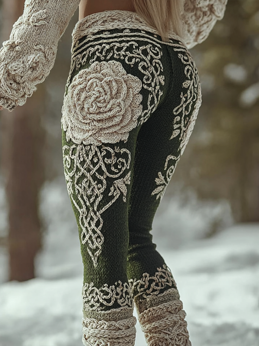 Comstylish Viking Retro Rose Women's Knitted Tight-fitting Leggings