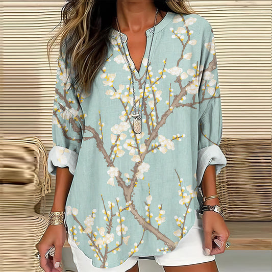 Comstylish Vintage Japanese Ink Painting Of Flower Trees Linen Blend Tunic
