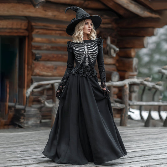 Comstylish Retro Skull Black Rose Pattern Casual Round Neck Maxi Dress