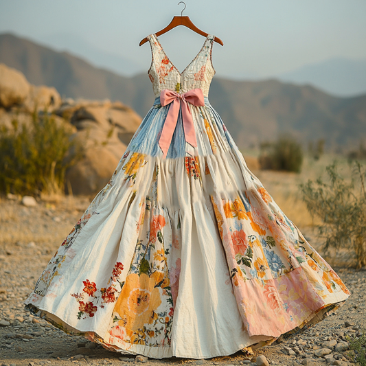 Women's Vintage Floral Applique Art V Neck Dress artswardrobe
