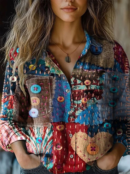 Comstylish Stitch Geometric Pattern Women's Linen Long Sleeve Shirt