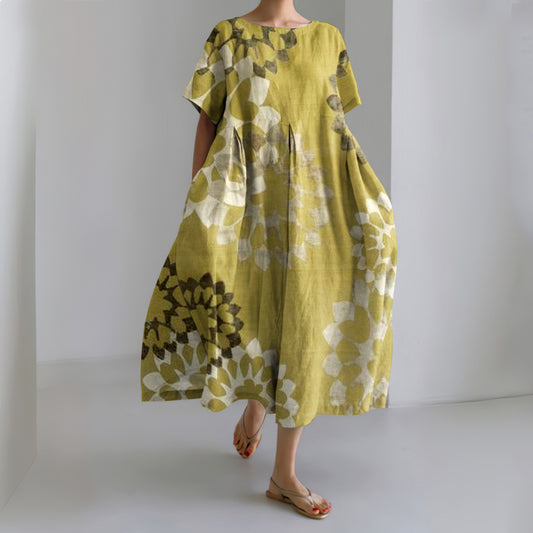 Comstylish Japanese Art Print Round Neck Loose Midi Dress