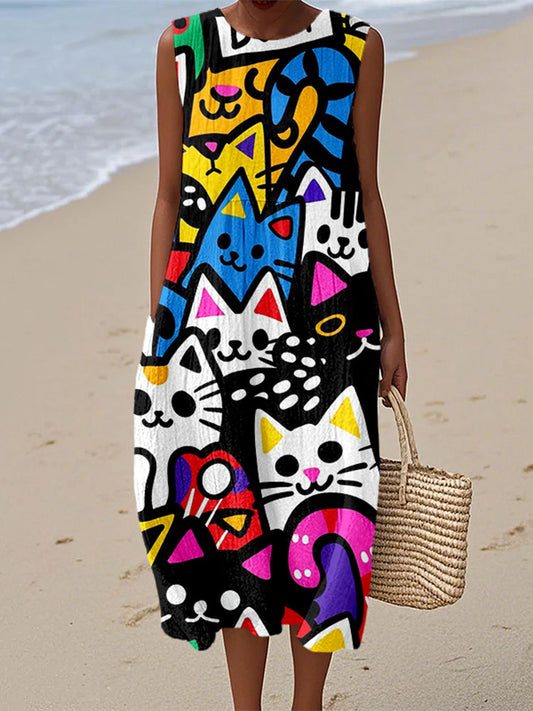 Cute Colored Cats Print Linen Midi Tank Dress elevenforest