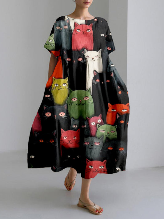 Comstylish Cute Cats Graphic Linen Blend Cozy Maxi Dress