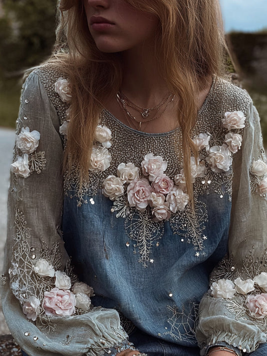 Comstylish Stereoscopic Embroidery Rose Melancholy Blue Casual Long-sleeved Shirt