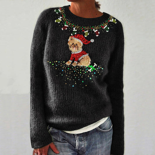 Comstylish Cute Christmas Puppy Sequin Art Cozy Knit Sweater