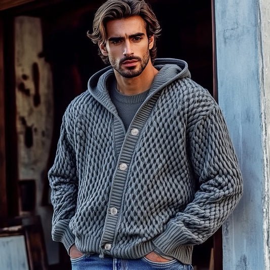 Men'S Waffle Braid Hooded Button Down Sweater artswardrobe