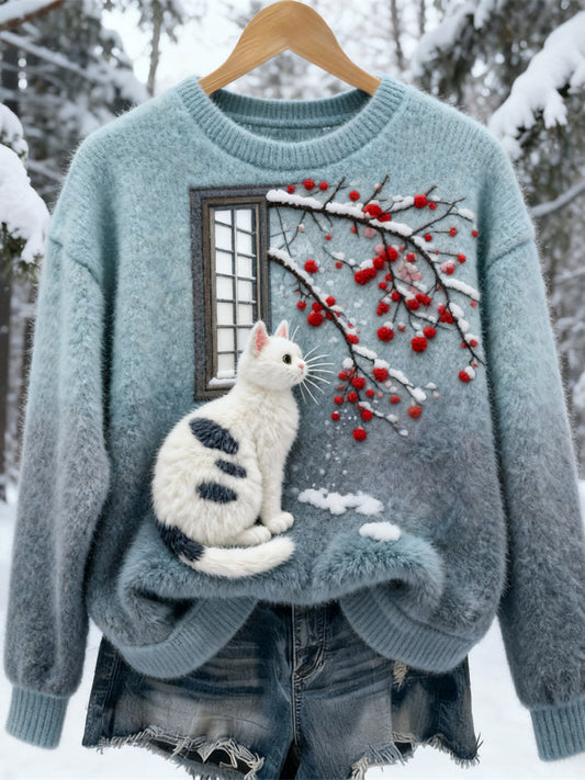 Winter Flower & Cat Women's Soft Plush Sweater elevenforest