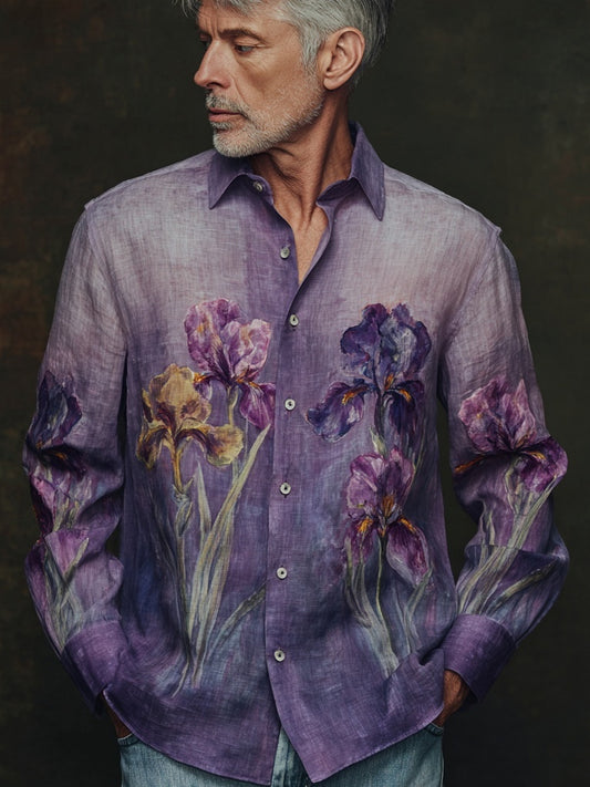 Men's Vintage Purple Irises Embroidered Gradient Linen Shirt artswardrobe